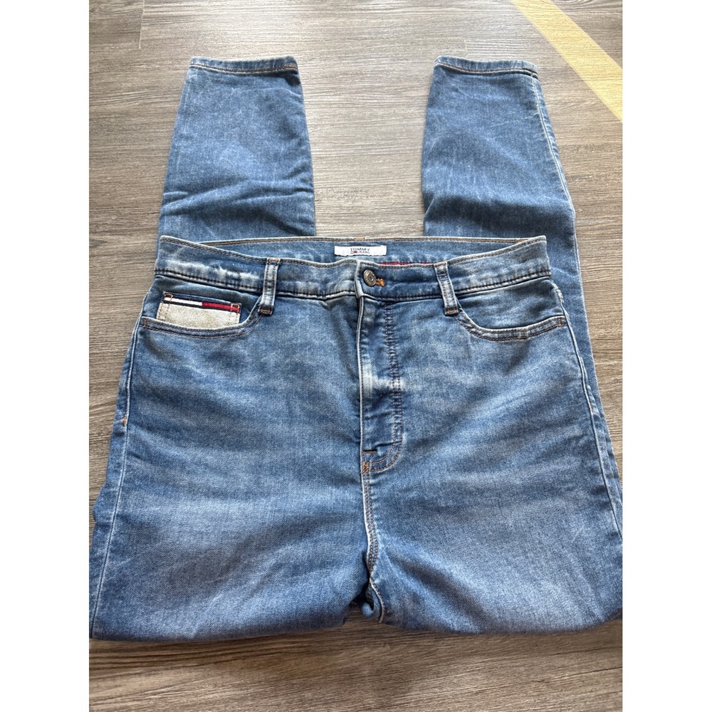 Tommy Jeans Womens Ultra High Rise Legging Skinny Blue Glitter Logo Jeans Siz 10